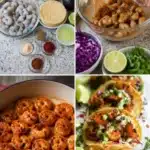 Plate of spicy shrimp tacos with cilantro lime slaw