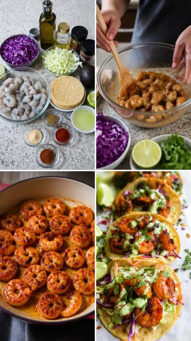 Plate of spicy shrimp tacos with cilantro lime slaw