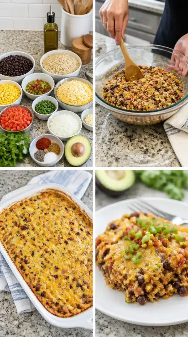 Black bean quinoa casserole topped with cheese and fresh herbs