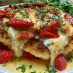 Cheesy baked chicken breast with colorful peppers on a plate