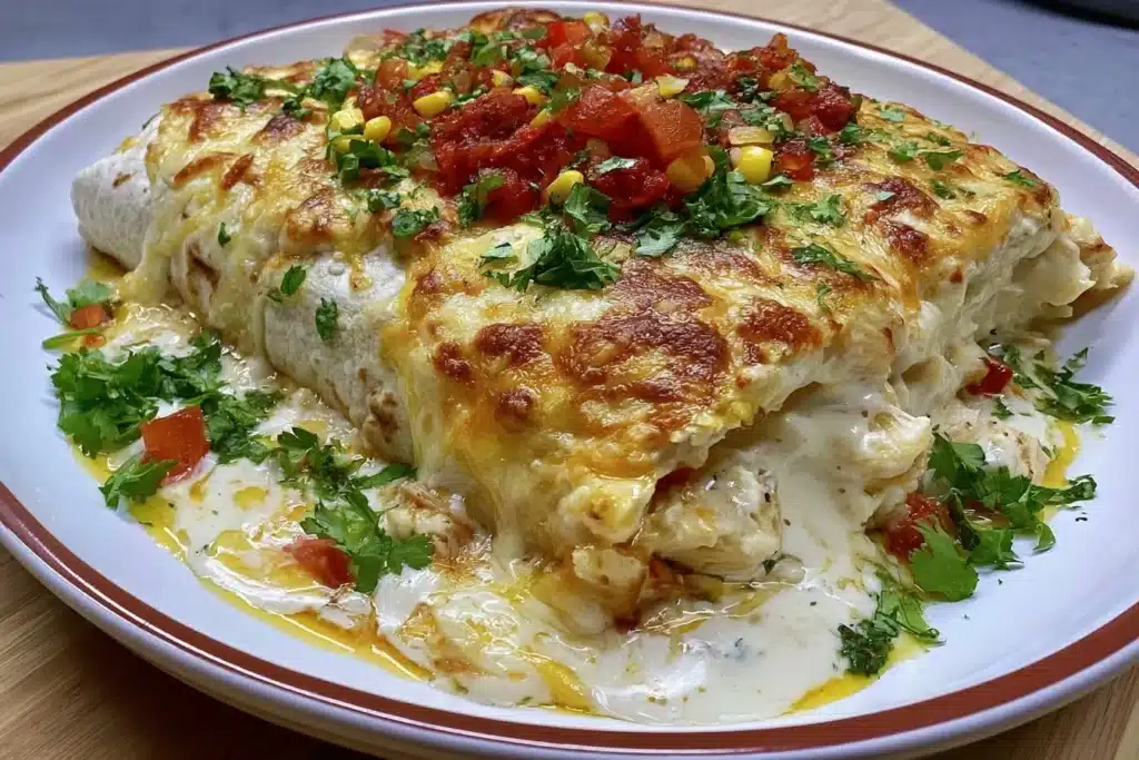 Delicious Chicken Burrito Casserole topped with melted cheese and fresh ingredients.