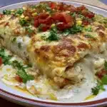 Delicious Chicken Burrito Casserole topped with melted cheese and fresh ingredients.