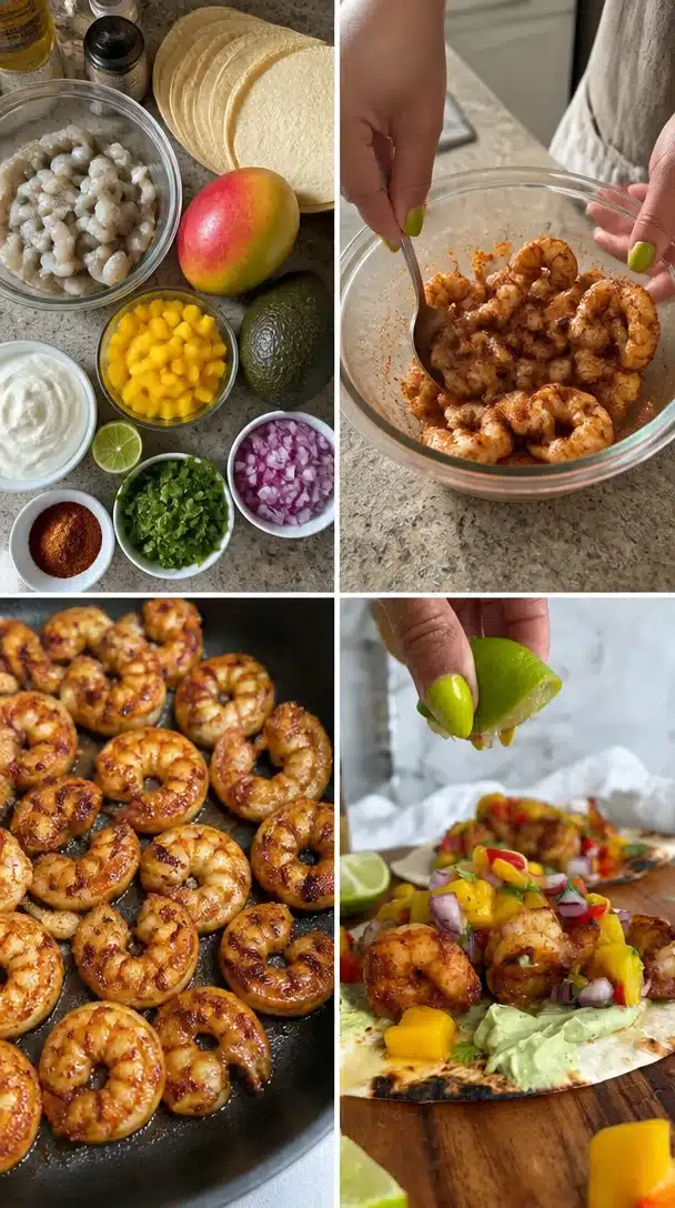 Delicious chipotle shrimp tacos topped with avocado crema on a plate