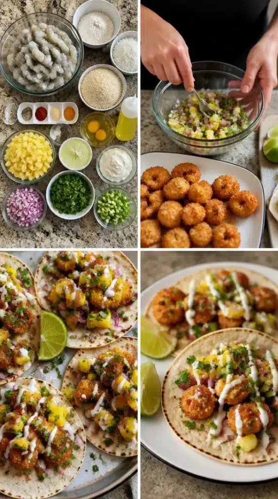 Coconut crusted shrimp tacos topped with vibrant pineapple salsa on a plate.