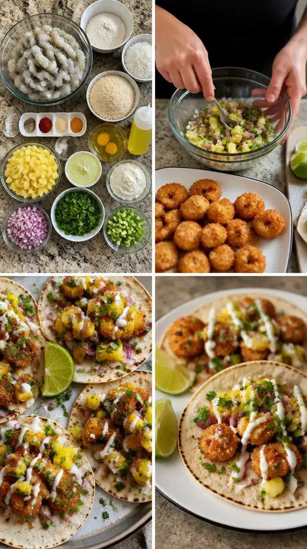 Coconut crusted shrimp tacos topped with vibrant pineapple salsa on a plate.