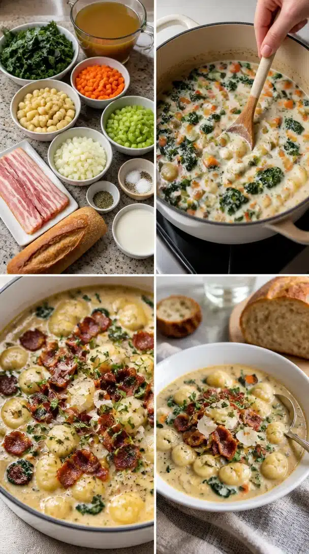 Bowl of creamy gnocchi soup topped with rosemary bacon