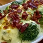 Creamy low carb chicken casserole with broccoli and bacon in a baking dish