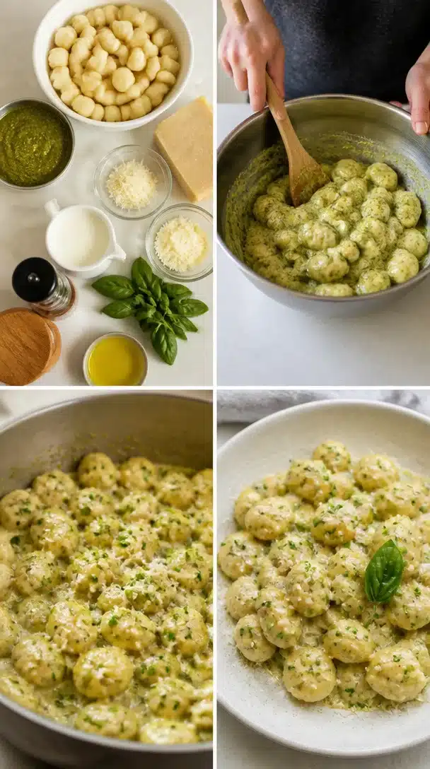 Creamy pesto gnocchi served in a bowl with fresh basil and grated parmesan