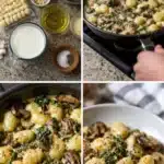 Creamy spinach and mushroom gnocchi served on a plate with herbs