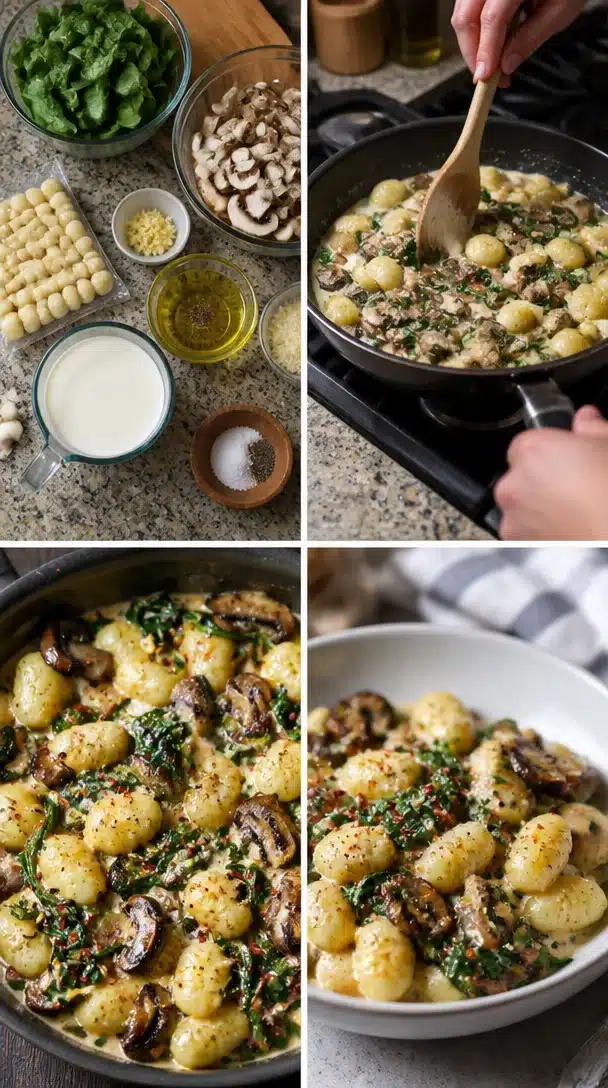 Creamy spinach and mushroom gnocchi served on a plate with herbs
