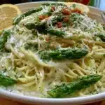 Creamy vegan lemon pasta dish garnished with fresh herbs and lemon slices