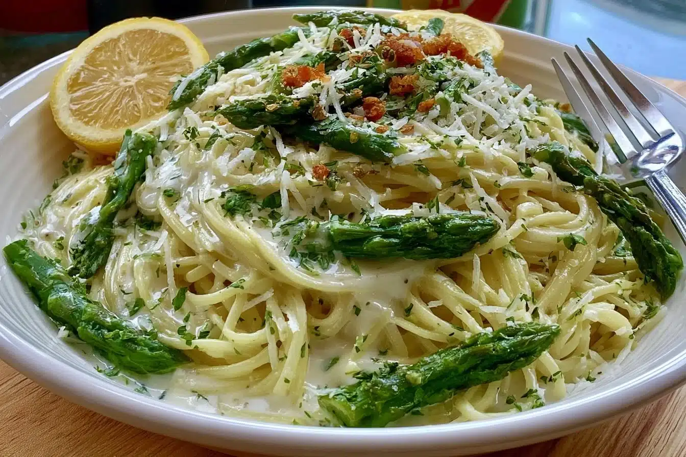 Creamy vegan lemon pasta dish garnished with fresh herbs and lemon slices