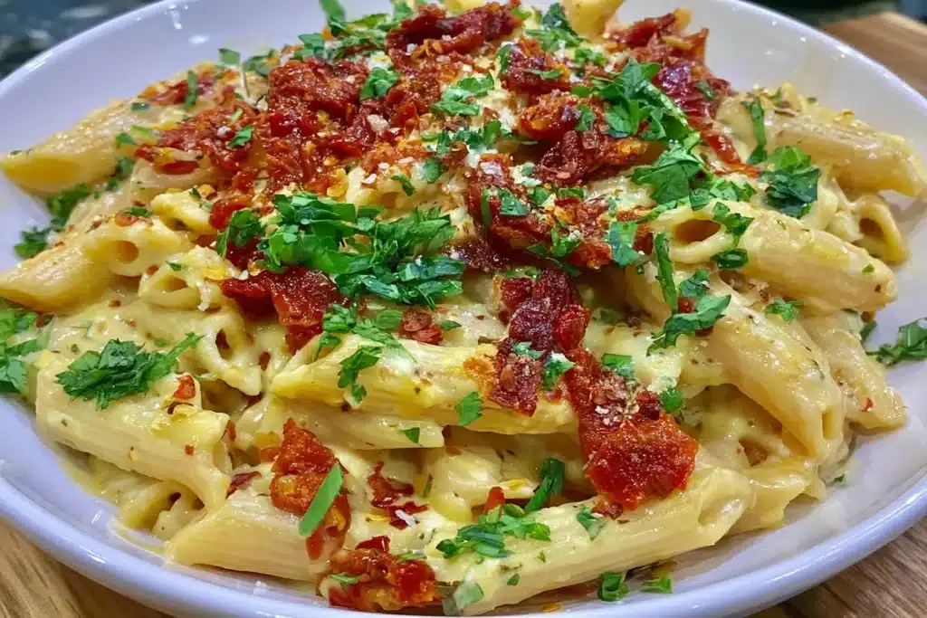 Creamy vegan sun-dried tomato pasta topped with fresh herbs