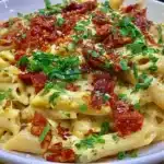 Creamy vegan sun-dried tomato pasta topped with fresh herbs