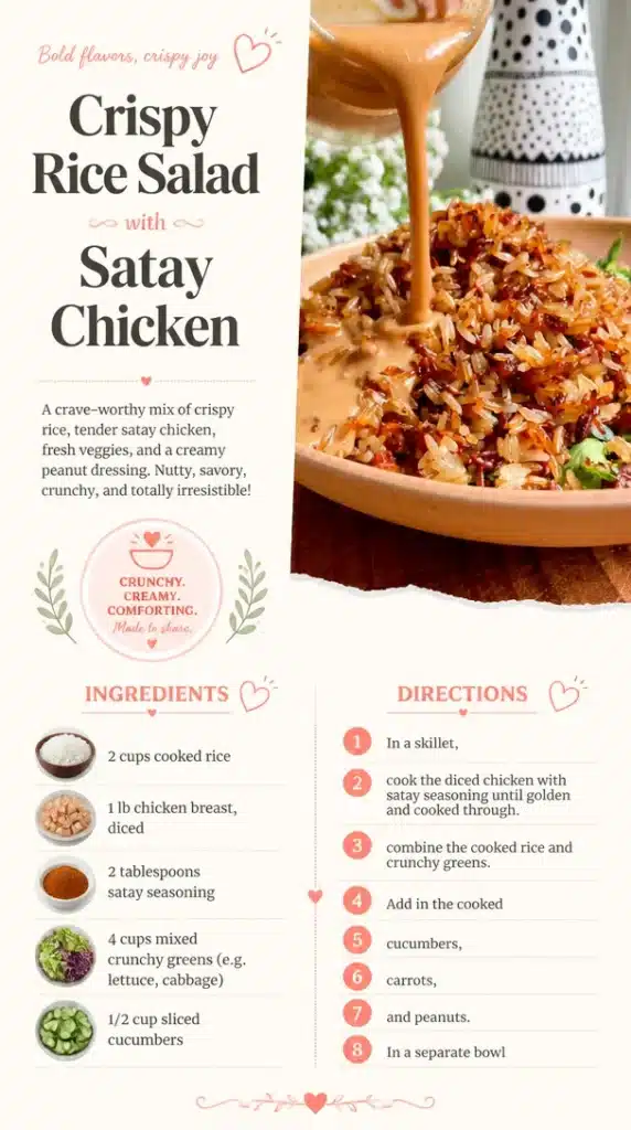 Crispy rice salad topped with grilled satay chicken and fresh vegetables.