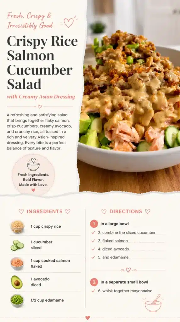 Crispy Rice Salmon Cucumber Salad topped with Creamy Asian Dressing
