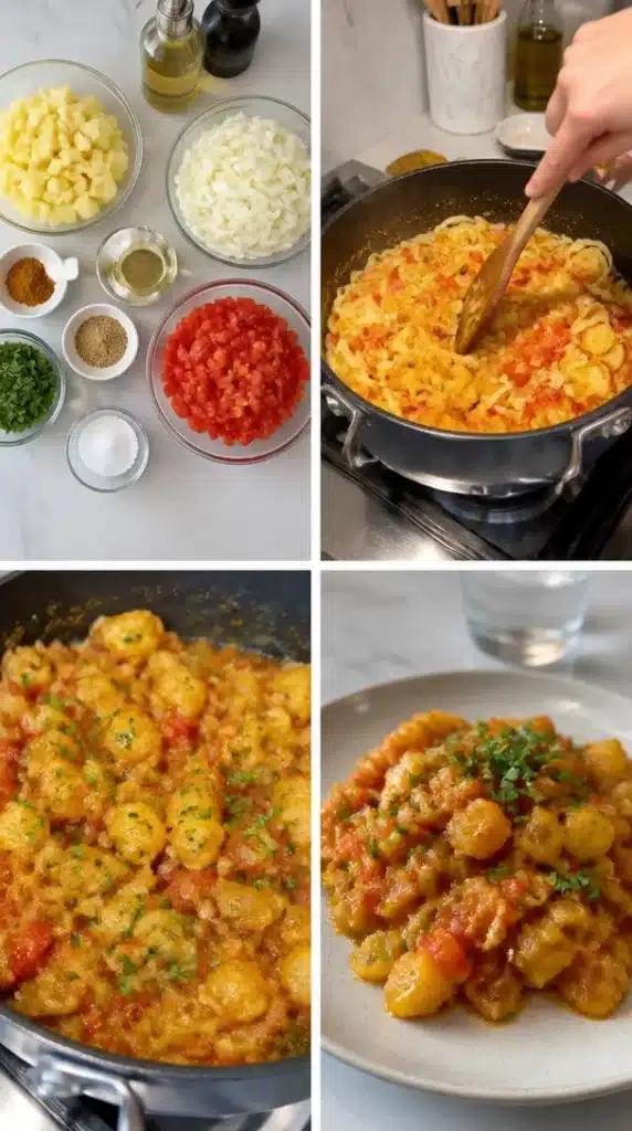 Plate of Dopiazeh Potatoes garnished with herbs and spices