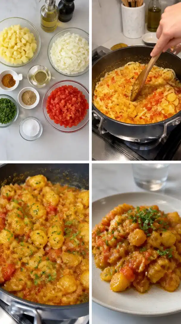 Plate of Dopiazeh Potatoes garnished with herbs and spices