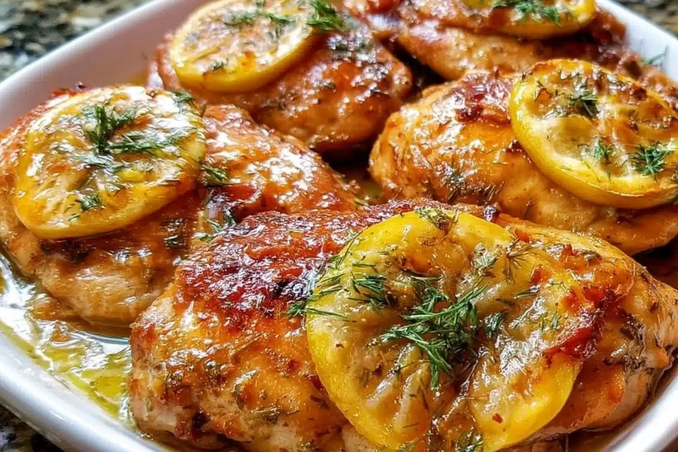 Delicious lemon dill chicken served with fresh herbs and lemon slices