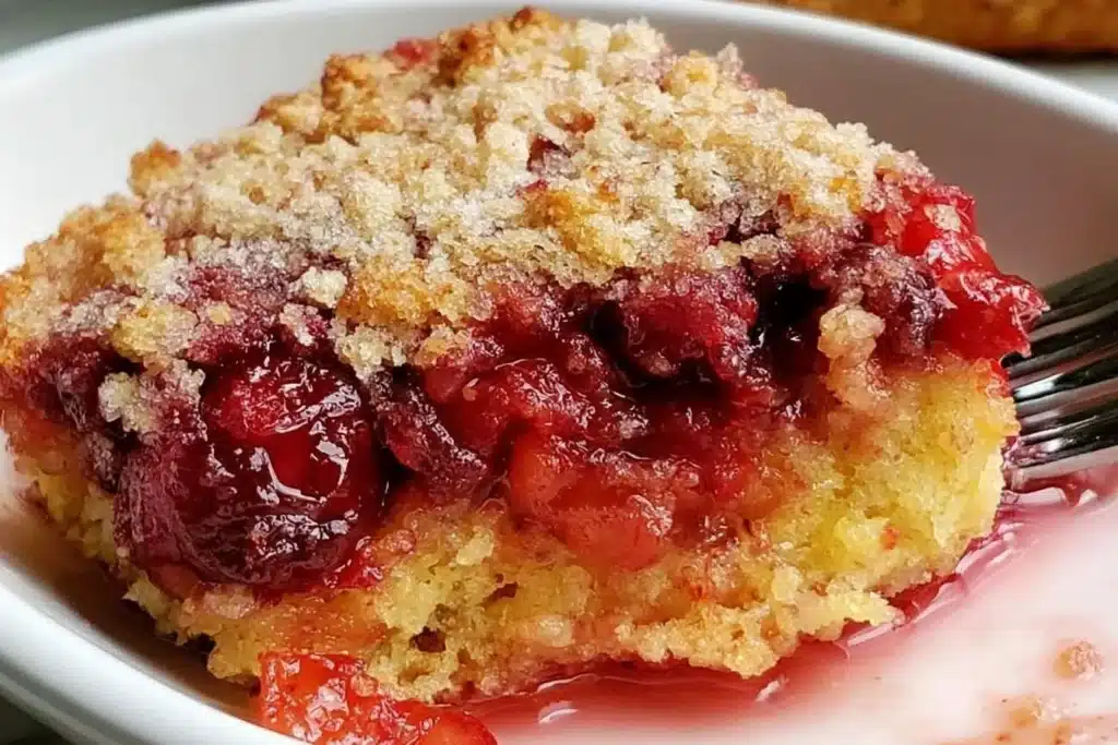 Gluten free cherry dump cake served on a plate with a cherry topping