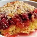 Gluten free cherry dump cake served on a plate with a cherry topping