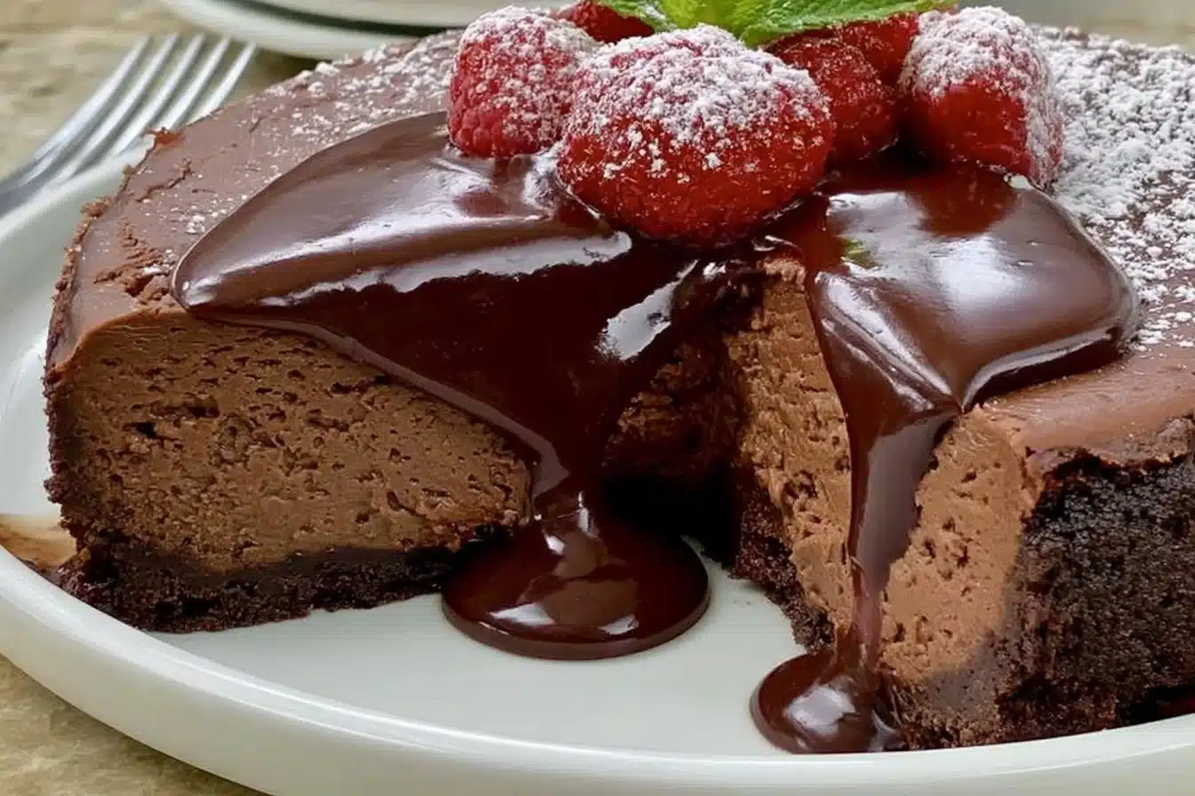 Gluten free chocolate cheesecake served on a plate with chocolate drizzle