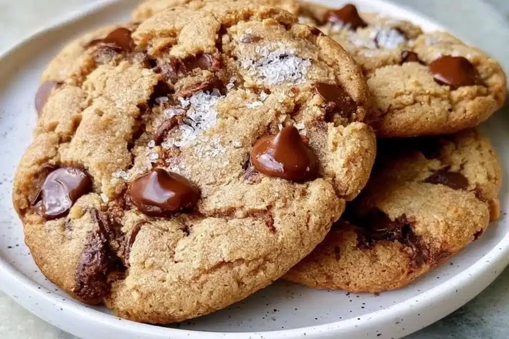 Freshly baked gluten-free chocolate chip cookies on a cooling rack