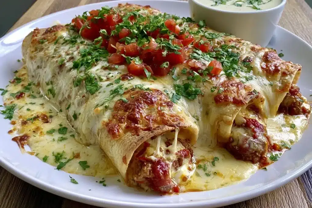Plate of gluten-free enchiladas topped with sauce and fresh herbs