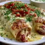 Plate of gluten-free enchiladas topped with sauce and fresh herbs