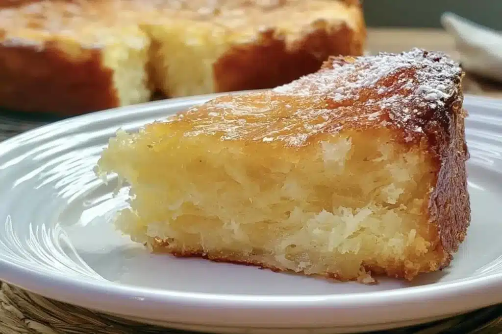 Gluten-free French butter cake topped with fresh berries on a white plate