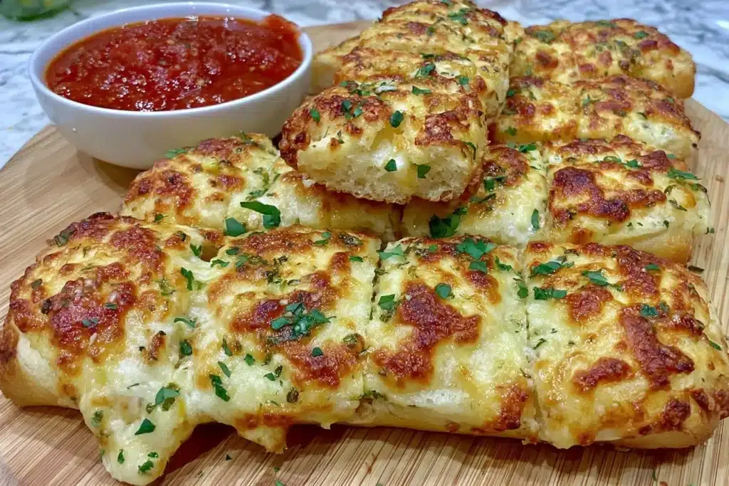 Gluten free garlic pizza breadsticks on a wooden platter