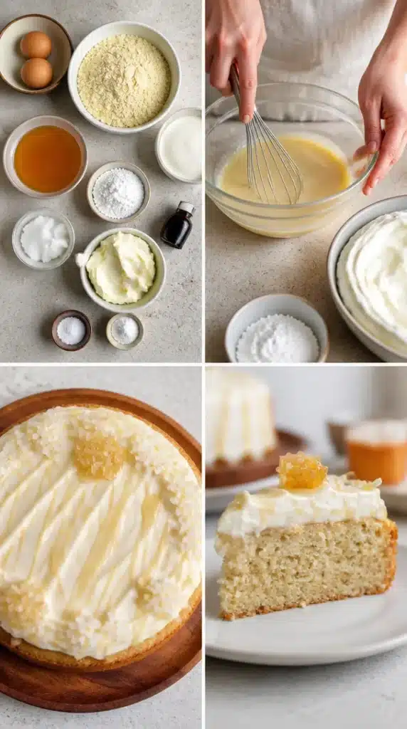 Delicious gluten-free honey cake topped with honey drizzle and nuts