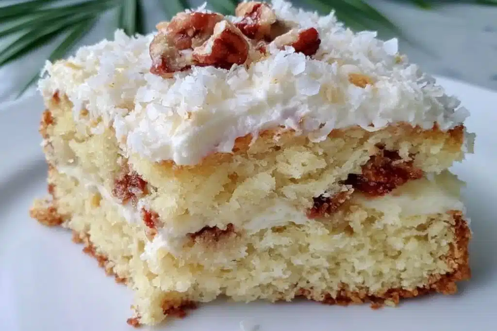 Delicious gluten free Italian Cream Cake topped with cream cheese frosting and nuts