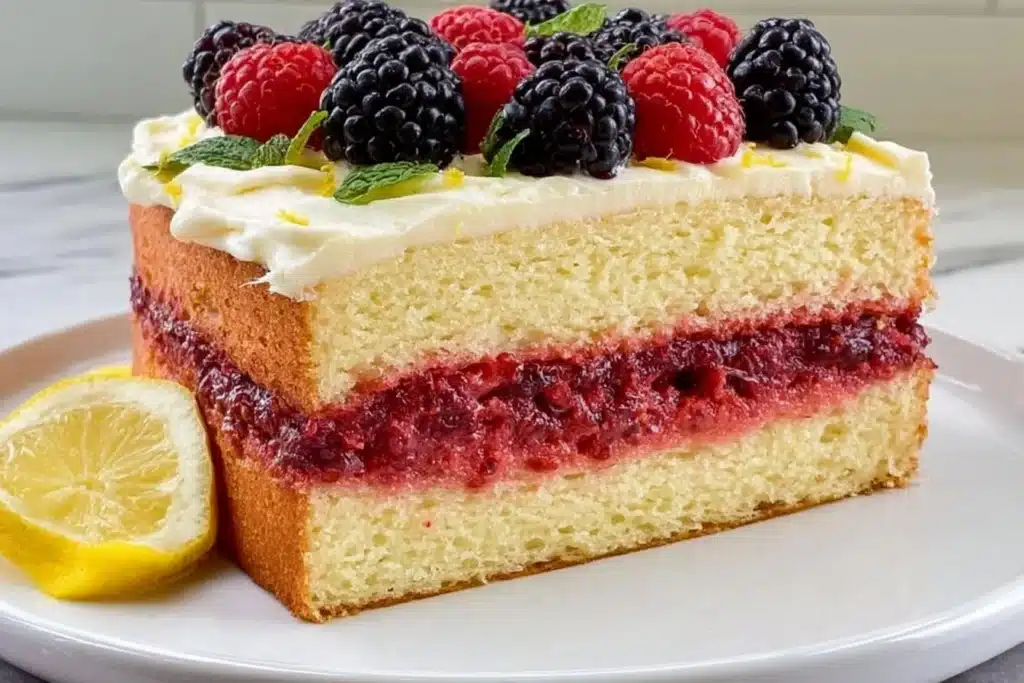Gluten Free Lemon Blackberry Cake with fresh berries and lemon zest