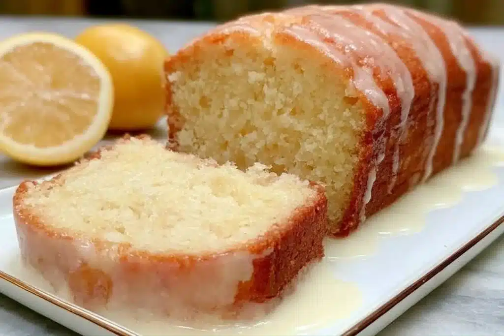 Gluten-free lemon loaf with glaze served on a rustic wooden table