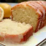 Gluten-free lemon loaf with glaze served on a rustic wooden table