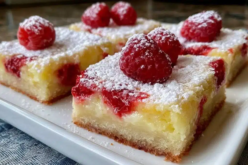Gluten-free raspberry lemon bars on a white plate with fresh raspberries and lemon