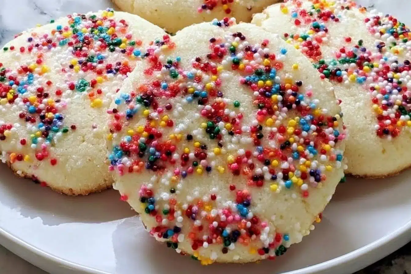 Delicious gluten free sprinkle sugar cookies decorated with vibrant sprinkles.