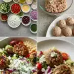 Delicious Greek Turkey Meatball Bowls served with fresh vegetables and sauce