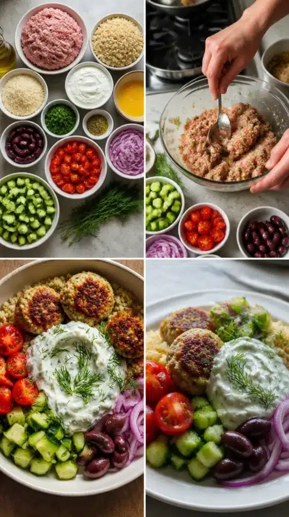 Greek Turkey Meatball Bowls with quinoa and tzatziki sauce