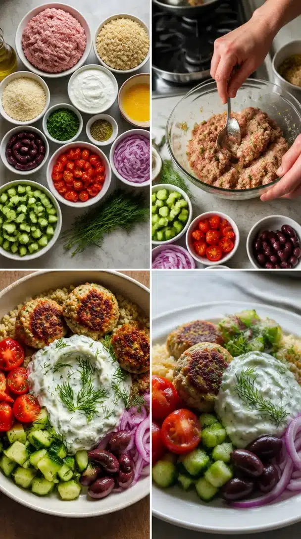 Greek Turkey Meatball Bowls with quinoa and tzatziki sauce