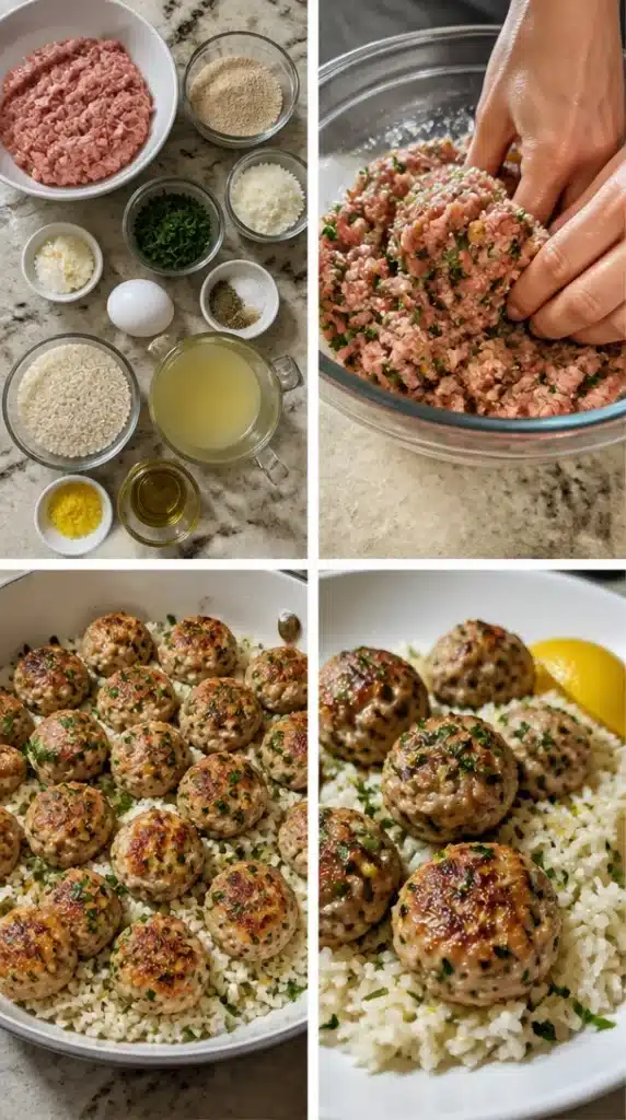 A plate of Greek turkey meatballs accompanied by lemon herb rice.