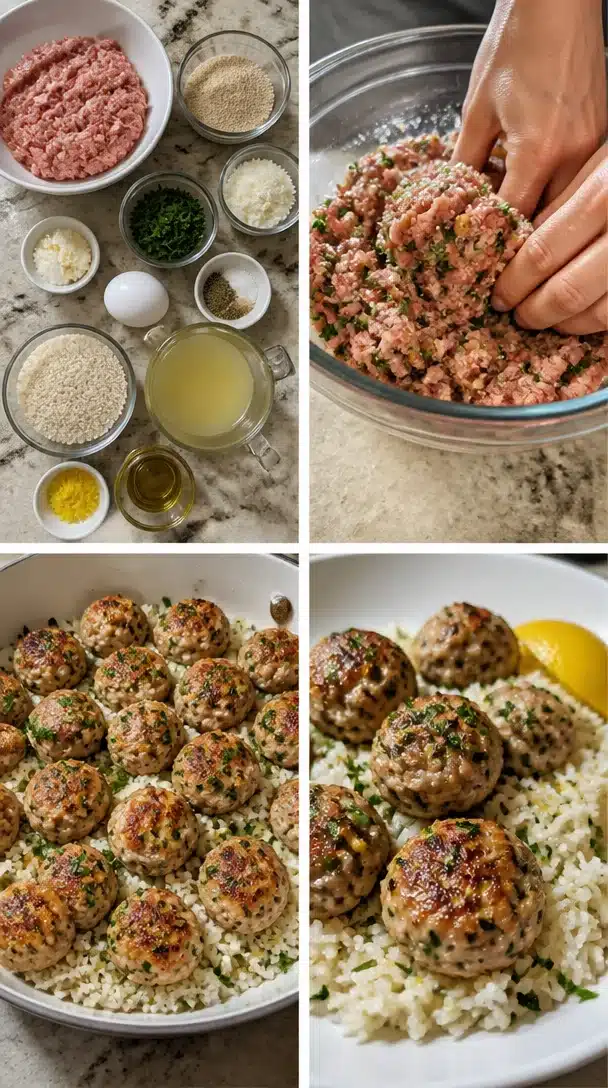 A plate of Greek turkey meatballs accompanied by lemon herb rice.