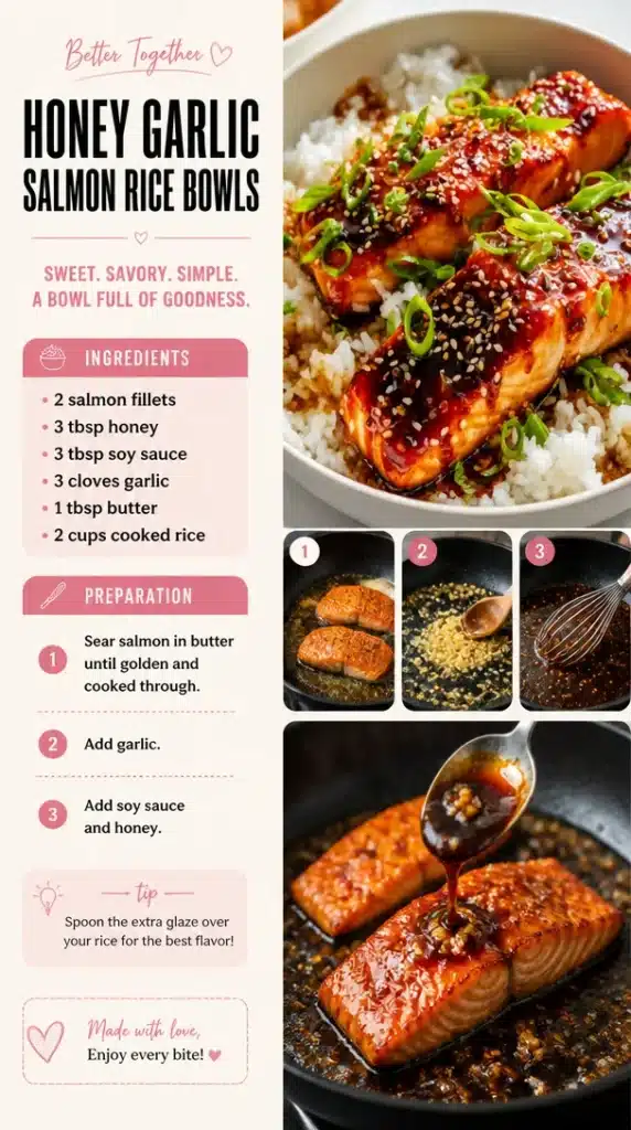 Honey garlic salmon served in a rice bowl with vegetables