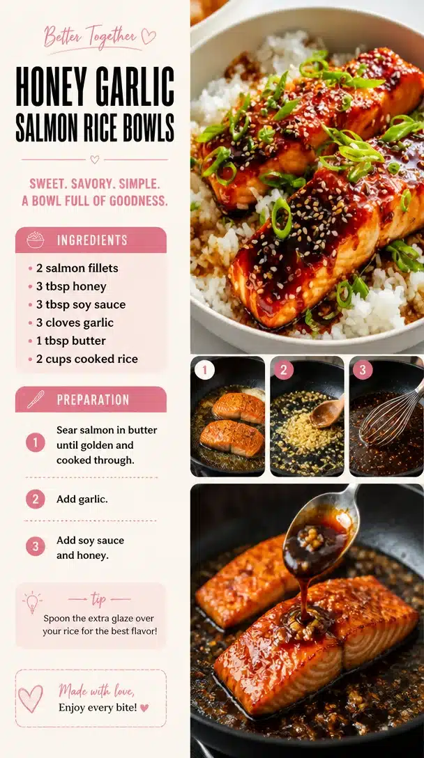 Honey garlic salmon served in a rice bowl with vegetables