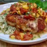 Grilled Honey Lime Chicken topped with fresh mango salsa, garnished with lime.