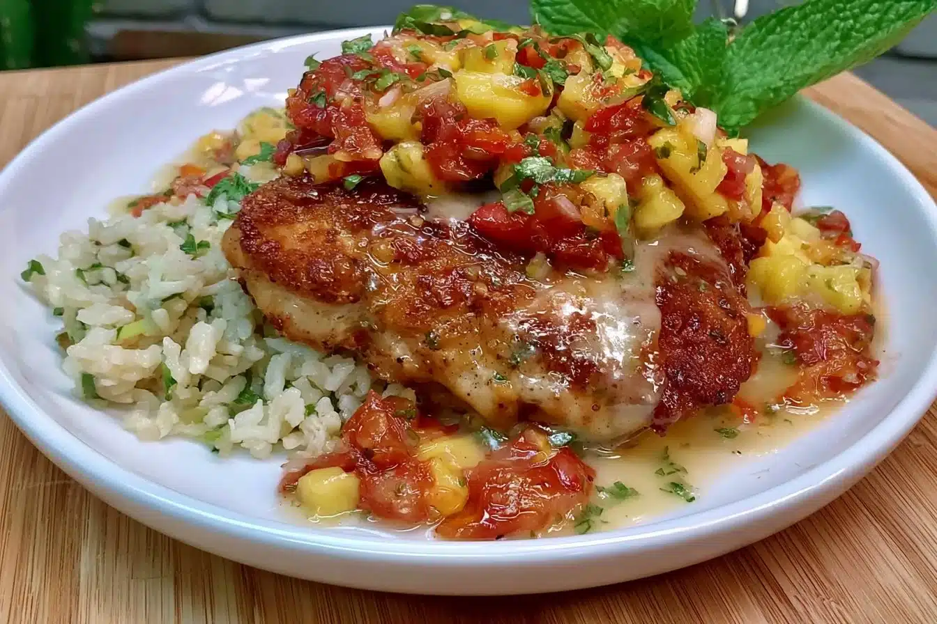 Grilled Honey Lime Chicken topped with fresh mango salsa, garnished with lime.