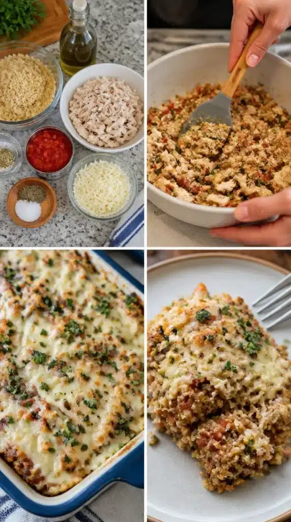 Italian Chicken Quinoa Casserole topped with herbs and cheese