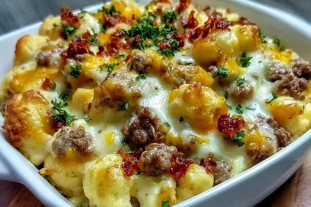Delicious Keto Cheeseburger Cauliflower Mac dish served in a bowl