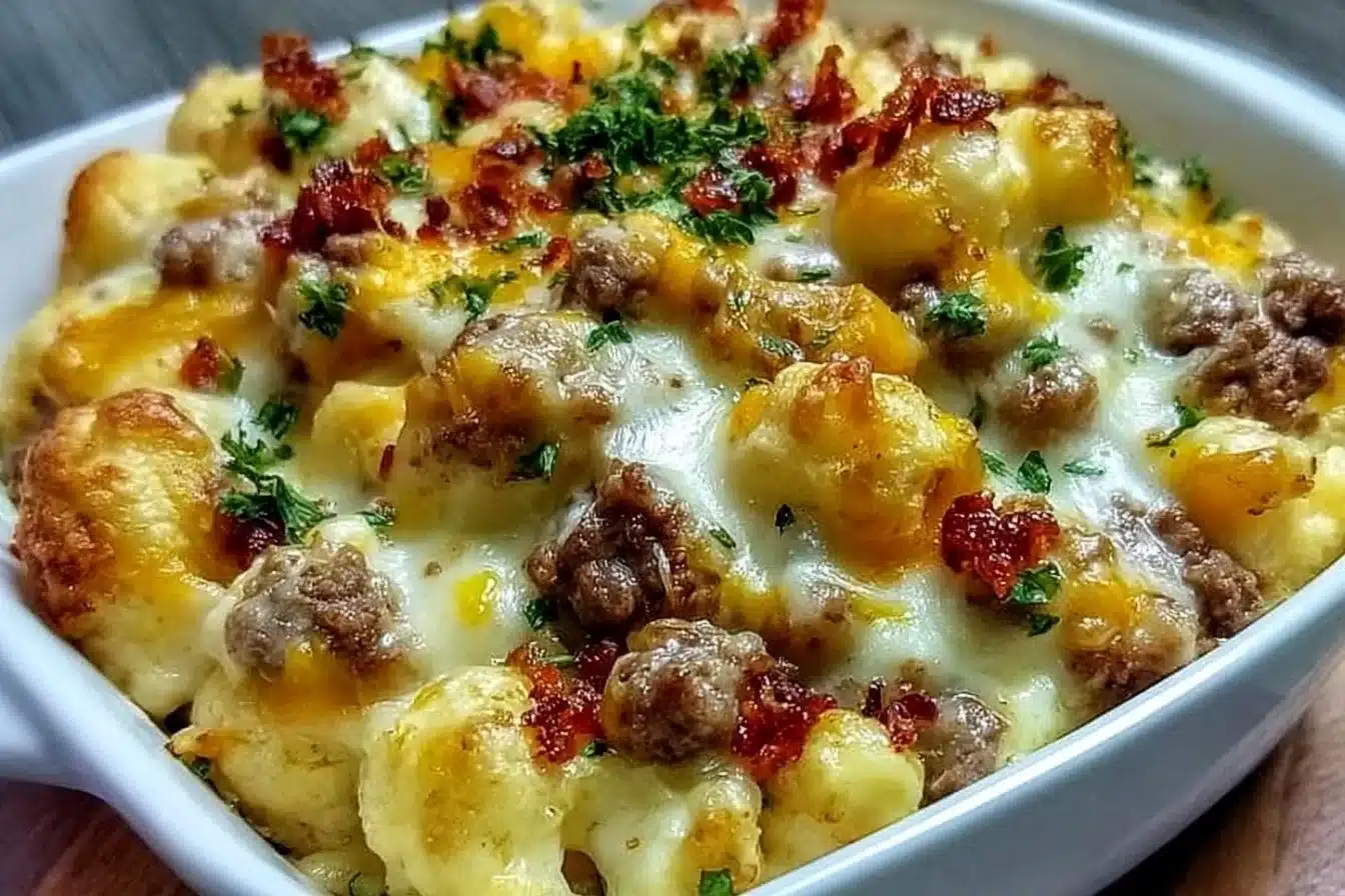 Delicious Keto Cheeseburger Cauliflower Mac dish served in a bowl